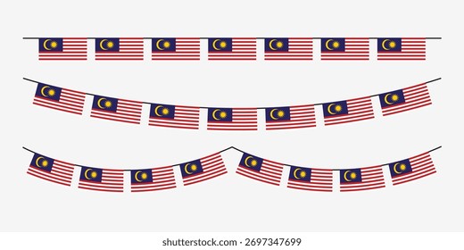 Malaysian flag bunting set vector featuring straight, curved, and double-curved arrangements. These high-quality national flag garlands are perfect for Merdeka Day, Malaysia Day, and patriotic holiday decorations.