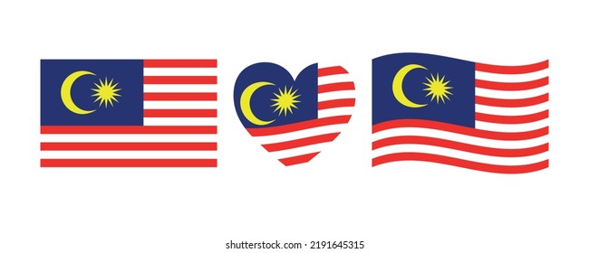 Malaysian flag signs set. Malaysian heart shape decorative element. Malaysia Independence Day, Malaysia National Day. National symbols of Malaysia. 