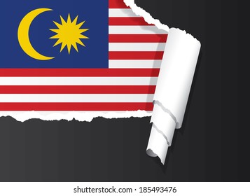Malaysian flag under ripped paper vector illustration.
