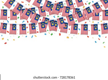 Malaysian flags garland white background with confetti, Hanging bunting for Malaysia independence Day celebration template banner, Vector illustration