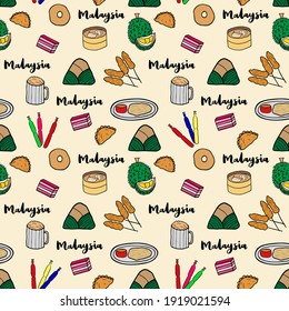 Malaysian Food Doodle Seamless Pattern vector. Contain Malaysia popular dishes such as nasi lemak, roti canai, dim sum,curry puff, donut, ais krim Malaysia, durian, satay, kuih lapis and teh tarik.