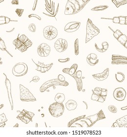 Malaysian food hand drawn vector seamless pattern. Asian traditional cuisine realistic background, backdrop. Chinese meal and Thai gourmet snacks vintage wrapping paper, wallpaper design