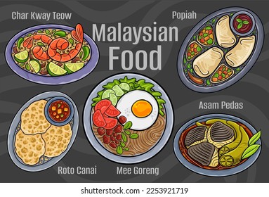 Malaysian food. A set of classic dishes. Cartoon hand drawn illustration.