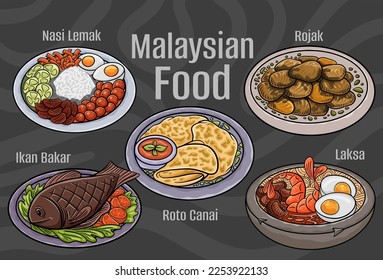 Malaysian food. A set of classic dishes. Cartoon hand drawn illustration.