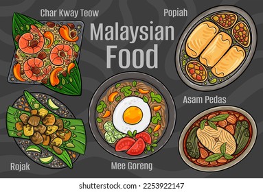 Malaysian food. A set of classic dishes. Cartoon hand drawn illustration.