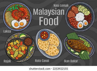 Malaysian food. A set of classic dishes. Cartoon hand drawn illustration.