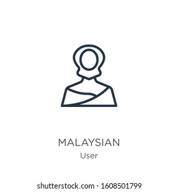 Malaysian icon. Thin linear malaysian outline icon isolated on white background from user collection. Line vector sign, symbol for web and mobile