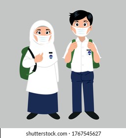 Malaysian Kids, Boy and Girl go to School.  They wear Face Masks and hold a school bags. New Normal Activities concept. Cartoon Character Vector Concept Illustration on white background