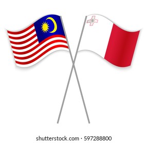 Malaysian and Maltese crossed flags. Malaysia combined with Malta isolated on white. Language learning, international business or travel concept.