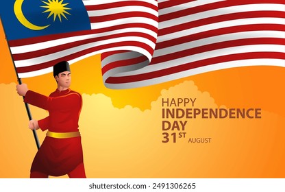 Malaysian man in traditional Malaysia clothing holding the flag of Malaysia with pride. Symbolises of patriotism, celebrating Independence Day, national identity, and cultural events