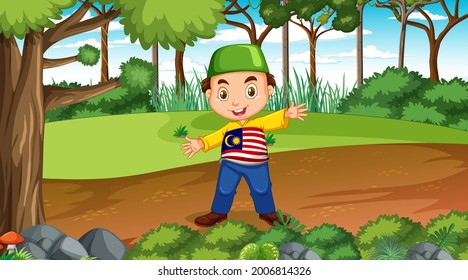 Malaysian muslim kids wears traditional clothes in the forest scene illustration