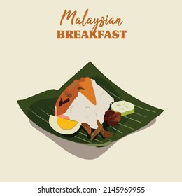 Malaysian Nasi Lemak On Banana Leaf. Rice Cooked In Coconut Milk And Pandan Leaf Pair With Boiled Egg, Sliced Cucumber, Anchovies And Peanuts. Nasi Lemak Flat Vector Design. Malaysian Breakfast