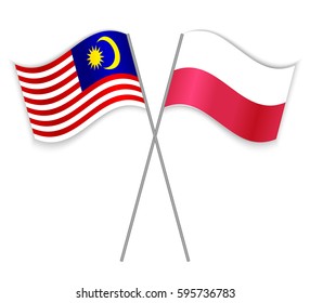 Malaysian and Polish crossed flags. Malaysia combined with Poland isolated on white. Language learning, international business or travel concept.