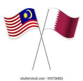 Malaysian and Qatari crossed flags. Malaysia combined with Qatar isolated on white. Language learning, international business or travel concept.