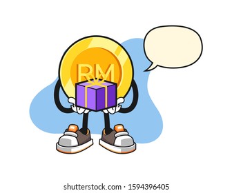 Malaysian ringgit give a gift with speech bubble cartoon. Mascot Character vector.