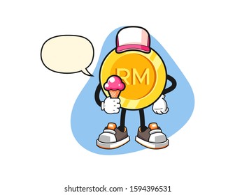 Malaysian ringgit hold ice cream with speech bubble cartoon. Mascot Character vector.
