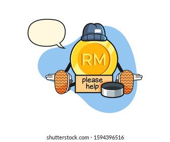 Malaysian ringgit homeless with speech bubble cartoon. Mascot Character vector.