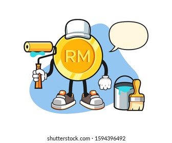 Malaysian ringgit painter with speech bubble cartoon. Mascot Character vector.