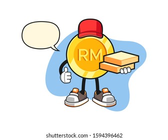 Malaysian ringgit pizza delivery with speech bubble cartoon. Mascot Character vector.