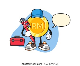 Malaysian ringgit plumber with speech bubble cartoon. Mascot Character vector.