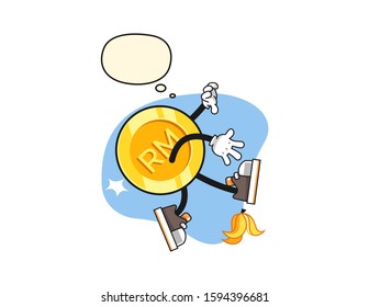 Malaysian ringgit slip on banana peel with thought bubble cartoon. Mascot Character vector.