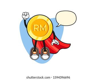 Malaysian ringgit super hero with speech bubble cartoon. Mascot Character vector.