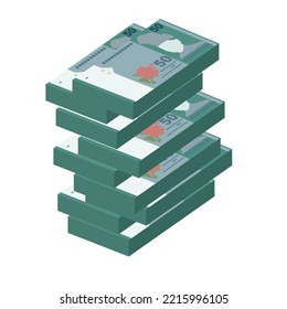 Ilustración del vector ringgit malasio. Dinero malasio conjunto de billetes. Dinero en papel 50 MYR. Estilo plano. Aislado sobre fondo blanco. Diseño sencillo y mínimo.