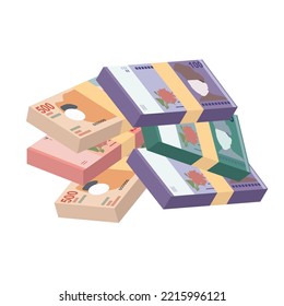 Ilustración del vector ringgit malasio. Dinero malasio conjunto de billetes. Dinero en papel 10, 50, 100 MYR. Estilo plano. Aislado sobre fondo blanco. Diseño sencillo y mínimo.