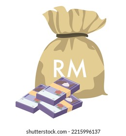 Malaysian Ringgit Vector Illustration. Malaysia money set bundle banknotes. Money bag 100 MYR. Flat style. Isolated on white background. Simple minimal design.