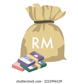 Ilustración del vector ringgit malasio. Dinero malasio conjunto de billetes. Bolsa de dinero 10, 50, 100 MYR. Estilo plano. Aislado sobre fondo blanco. Diseño sencillo y mínimo.