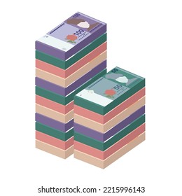 Malaysian Ringgit Vector Illustration. Malaysia money set bundle banknotes. Paper money 10, 50, 100 MYR. Flat style. Isolated on white background. Simple minimal design.