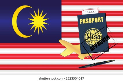 Malaysian Travel Documentation Concept with blue Passport and Malaysia Flag. Approved Stamp. Airplane and Travel Tickets. Ideal for Immigration Tourism and Traveling Themes. Vector EPS available