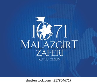 hombre montando a caballo con traducción al fondo azul: 1071 feliz victoria en malazgirt