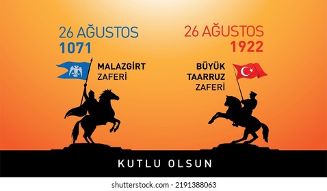 Malazgirt Zaferi ve büyük taarrruz zaferi Kutlu Olsun.
men riding horses and flags vector. Translation: Happy 26th of August, the victory of Manzikert and the victory of the great offensive.