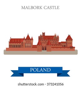 Malbork Castle in Poland. Flat cartoon style historic sight showplace attraction web site vector illustration. World countries cities vacation travel sightseeing collection.