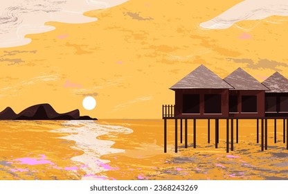 Paisaje de la puesta de sol de las islas Maldivas, vistas a los bungalows sobre el agua en las Maldivas. Fondo marino de verano. Viajes de lujo, concepto de vacaciones. Ilustración vectorial plana