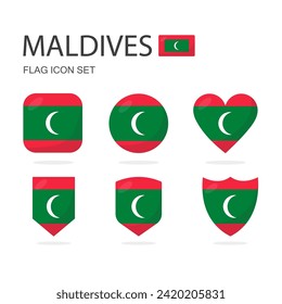 Maldives 3d flag icons of 6 shapes all isolated on white background.