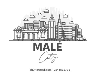 Malé, Maldives architecture line skyline illustration with shadows. Linear vector cityscape with famous landmarks, city sights, design icons.