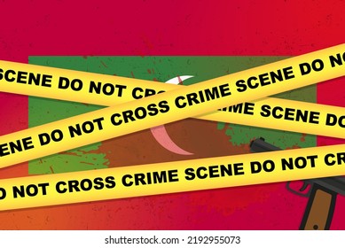 Banner vectorial de ataque armado en Maldivas, concepto de tiroteo, asalto armado con arma y mancha de sangre en la bandera de Maldivas, cinta amarilla de la policía, composición de escena del crimen, vista superior, diseño plano
