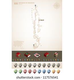 Maldives and Asia maps, plus extra set of isometric icons & cartography symbols set