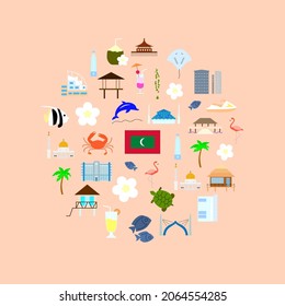 Maldives attraction round layout. Maldivian culture concept. Exotic resort. Travel guide for tourism. Colorful filled symbols collection. Isolated vector stock illustration