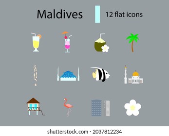 Maldives attractions flat icons set. Coconut drink and fish. Palm and bungalow. Tropical resort. Famous Male buildings. Color filled symbols collection. Isolated vector stock illustration