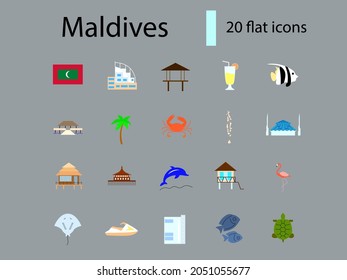 Maldives attractions flat icons set. National attributes. Tropical resort. Coral islands. Capital Male. Flag and geography. Color filled symbols collection. Isolated vector illustration