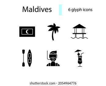 Maldives attractions glyph icons set. Coctail and sup board. Palm and flag. Tropical resort. Water bungalow. Black filled symbols collection. Isolated vector stock illustration