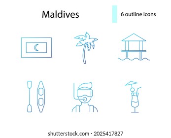 Maldives attractions outline icons set. Coctail and sup board. Palm and flag. Tropical resort. Diving man. Blue gradient symbols collection. Isolated vector stock illustration