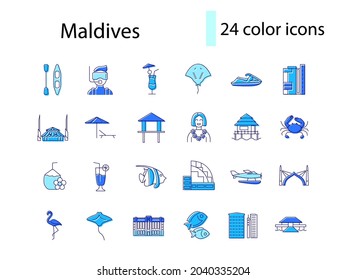 Maldives attractions outline icons set. National attributes. Stingray and coconut drink. Sea plane. Tropical resort. Coral islands. Capital Male. Color symbols collection. Isolated vector illustration