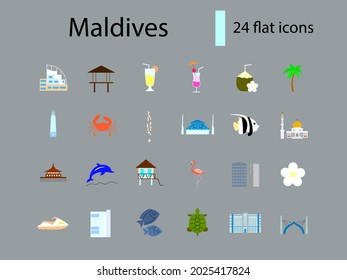 Maldives attributes flat icons set. Tropical resort guide. National characteristics of the country. Color filled symbols collection. Isolated vector stock illustration