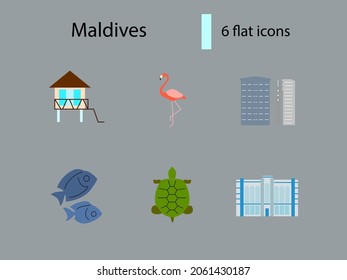 Maldives attributes flat icons set. Capital Male buildings. Water bungalow. Flamingo and fishes. Color filled symbols collection. Isolated vector stock illustration