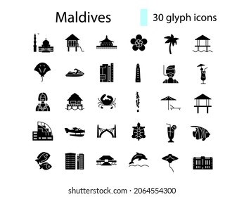 Maldives attributes glyph icons set. Palm and famous Male buildings. Tropical resort guide. Black filled symbols collection. Isolated vector stock illustration