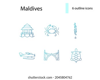 Maldives attributes outline icons set. Crab and turtle. Geography, sea plane. Blue symbol. Isolated vector illustration